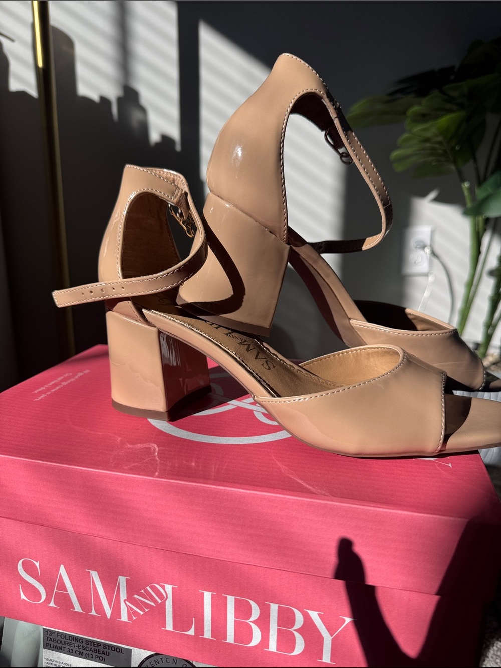 Sam & Libby Beige Patent Block Heel Sandals with Ankle Strap